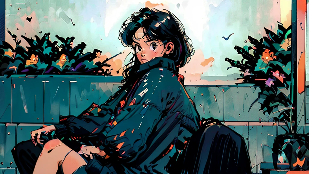 Create a scene of a looking outside, Listening to music on headphones, In a quiet and relaxing environment, Short black hair, View from behind, Gazing at the horizon, At night, and through the window you can see fireflies and a beautiful landscape full of stars At night, Characters with lots of detail on their faces, hands and hair,Illustration Style、Showa anime、ukiyo-e、((girl))、Tokyo、Soft Touch、((Modern))、summer、High resolution, samba, latina,Rainy night,Tokyo