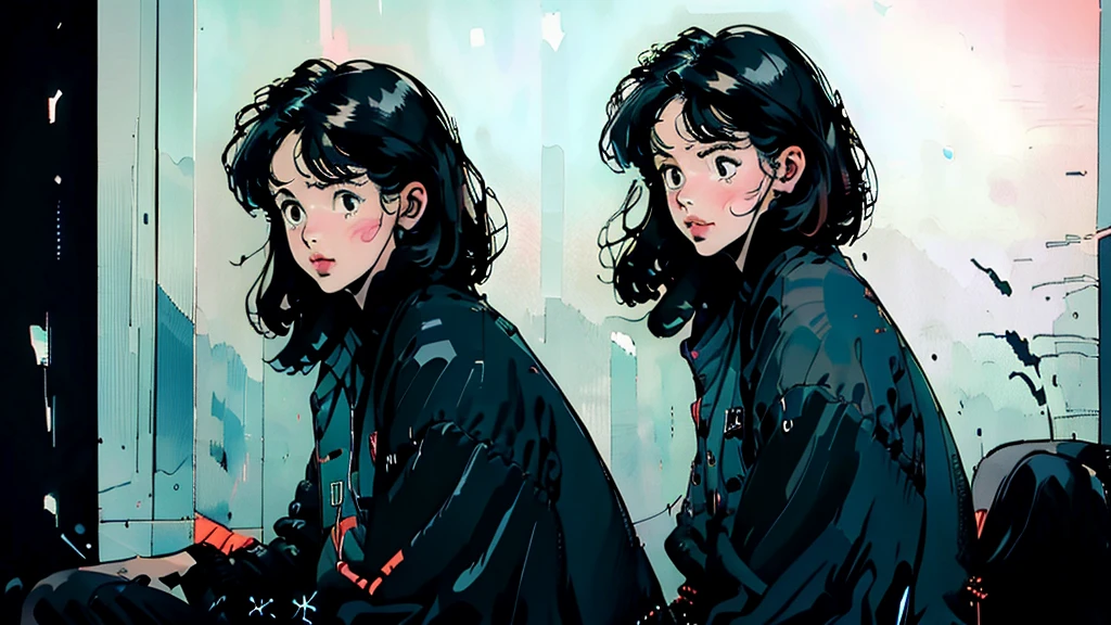 Create a scene of a looking outside, Listening to music on headphones, In a quiet and relaxing environment, Short black hair, View from behind, Gazing at the horizon, At night, and through the window you can see fireflies and a beautiful landscape full of stars At night, Characters with lots of detail on their faces, hands and hair,Illustration Style、Showa anime、ukiyo-e、((girl))、Tokyo、Soft Touch、((Modern))、summer、High resolution, samba, latina,Rainy night,Tokyo