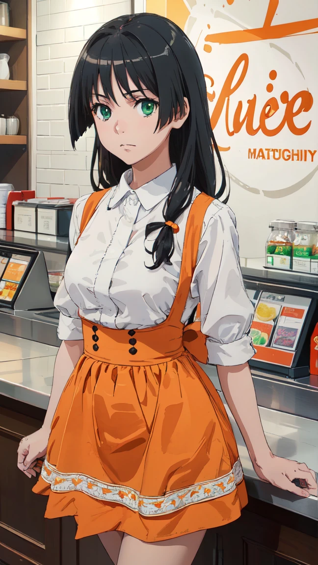 (High resolution:1.4), (masutepiece:1.2), (High quality:1.3) 1girl, saten ruiko, green eyes, long hair, black hair, small breast, Orange Skirt, orange apron, High Waist Skirt, white shirt, waitress, mini skirt, Bursting Busty,, cinematic lighting,