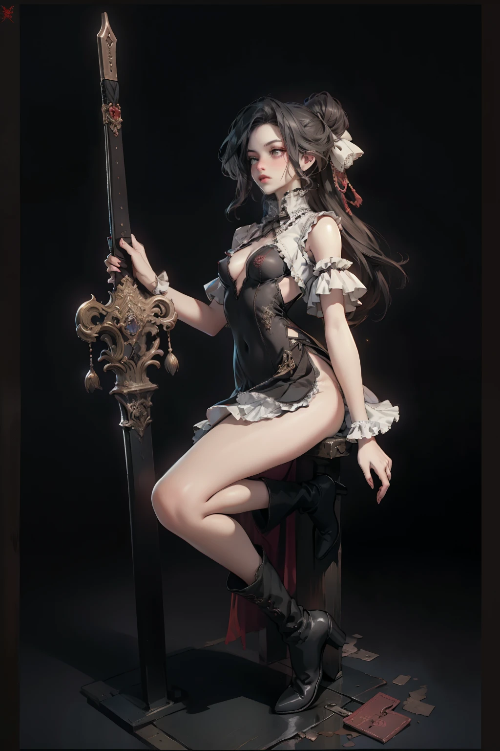 ((best quality)), ((masterpiece)), (detailed), very skinny, prominent collarbones, skinny arms, flat stomach, visible hip bones, red and white clothing, Bloodborne inspired, occult aesthetic, occult, detailed and intricate steampunk and detailed gothic, NSFW, Very dramatic and cinematic lighting, cosmic horror, grim-dark, side-lighting, perfect face, NSFW, Fluttering lace flared long knee length dress with frilly petticoats, knee length dress, pleated petticoats, ta dress, petticoats gothic lolicomplex lace boots, side-lighting, gothic lolita aetic, wielding a mighty sword with mechanical components, carbine, NSFW, beautiful small breasts, small breasts, full body, whole body, body, NSFW, full body, whole body, head-to-toe NSFW