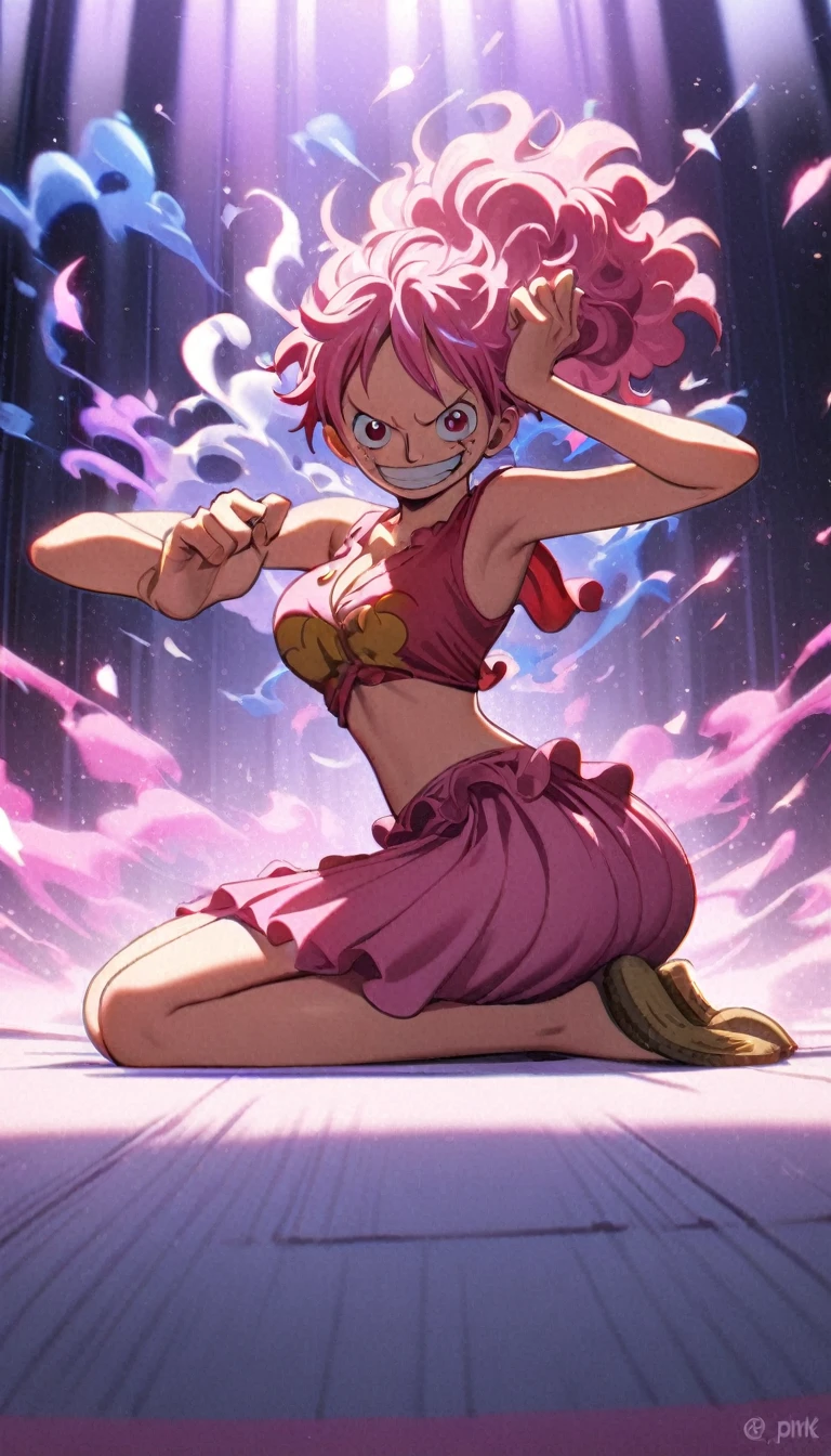 1girl, Monkey D. Luffy, One Piece, Pink hair, pink eyes, white and pink mix, pink long skirt, shes on a seiza pose, an empty and chill room