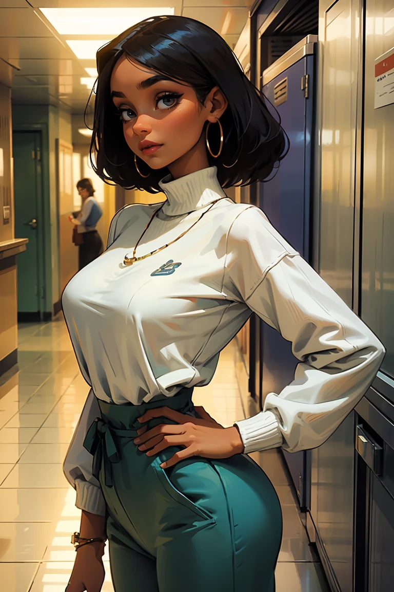 Goddess ((goddess-like woman)), slim elegant silhouette, masterpiece, (close angle), best quality, dark skin, sweet face, (masterpiece:1,2, best quality), (real picture, intricate details), (1 lady , solo, medium tits, slim waistline, ), a 15 year old girl with two buns, withe hair, turquoise eyes, she has an impressive presence., bracelet, hoop earrings, jewelry, beautiful face, beautiful eyes, she looks at the viewer, She is wearing a large white blouse under a colorful wool sweater and short sweatpants. Nerdy girl, sweet shy smile, elegant pose, elegant hands, beautiful hands, perfect fingers,, Background: She is at school and walks through the school hallway with lots of books in her hand, school locker