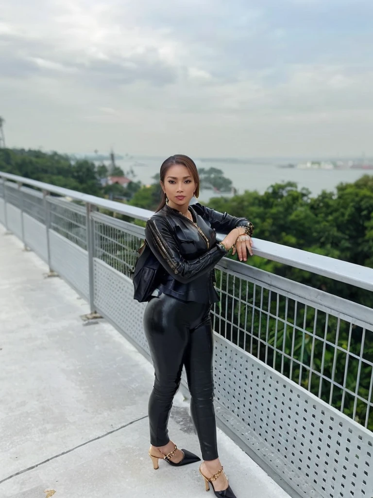 Beautiful Malay Milf, Big Breast, Zip Leather Black Peplum, Leather Leggings, High Heels, Gold Necklace,