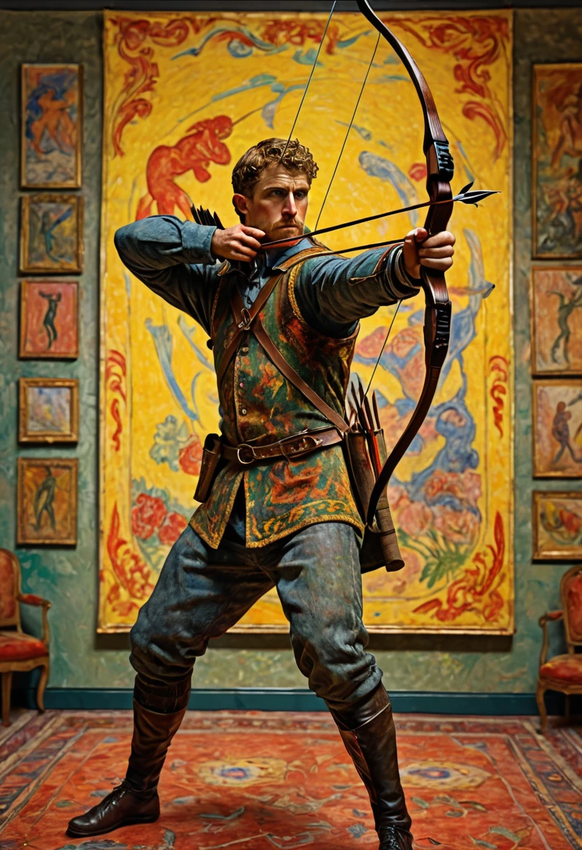 Archer, bow and arrow, Archery pose, full body, by Pierre Bonnard, dramatic composition, cinematic dynamic action scene, vibrant colors, cinematic lighting, dramatic lighting, best quality, masterpiece, very aesthetic, perfect composition, intricate details, ultra-detailed