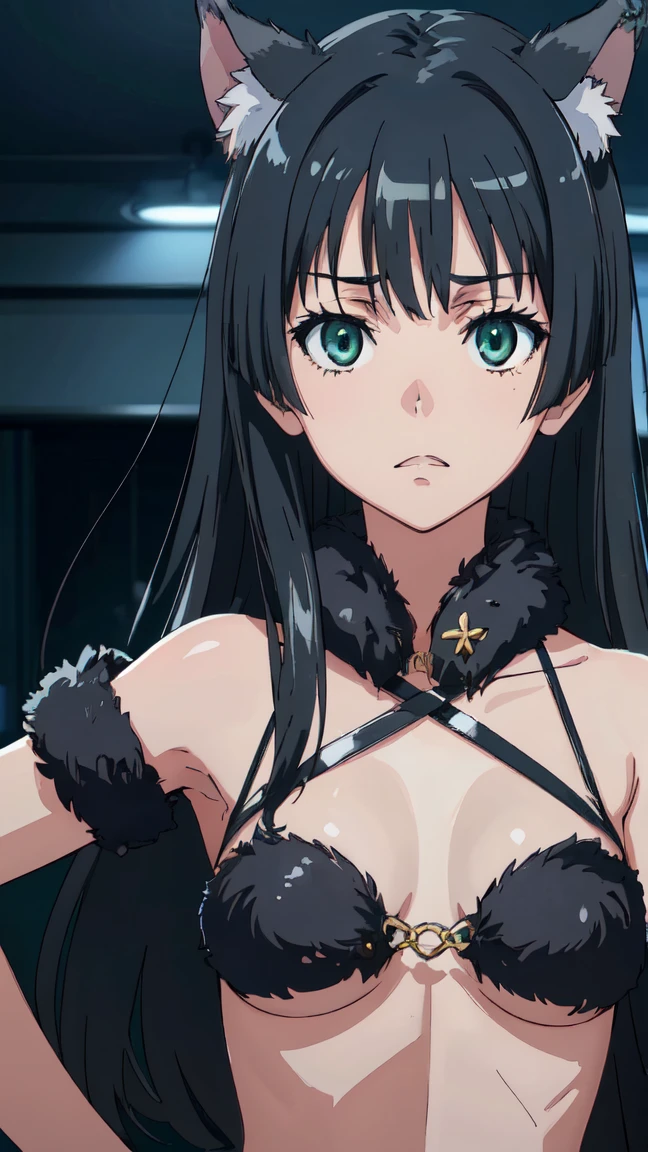 (High resolution:1.4), (masutepiece:1.2), (High quality:1.3) 1girl, saten ruiko, green eyes, long hair, black hair, small breast, dangerousbeast, wolf tail, cinematic lighting,