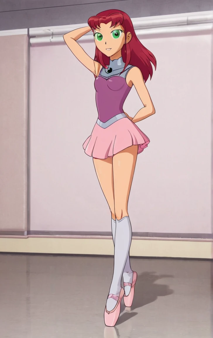 ohxw, star12, red hair, green eyes, pink tutu, pink tutu top, bare legs, ballet slippers, full body, dance studio, inside, cartoon, 2d, skirt lift, white panties, hands holding up skirt, underwear showing