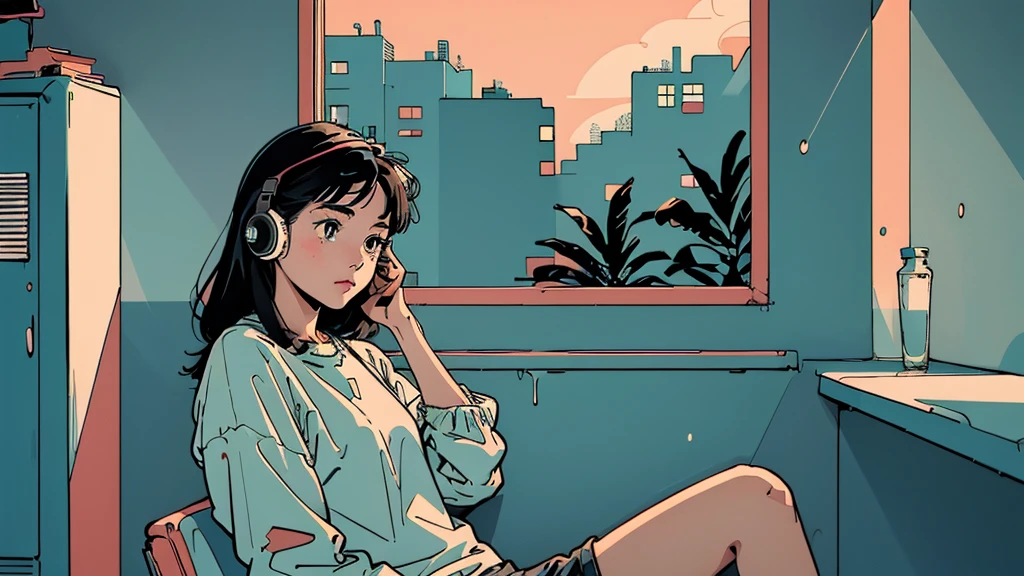 アニメ girl sitting on floor looking out window at city, アニメ aesthetic, アニメ vibes, lofi artstyle, Lo-fi portrait by the window, Watching the Sunset. アニメ, Lofty Girl, アニメ art wallpaper 4 k, アニメ art wallpaper 4k, アニメ art wallpaper 8 k, アニメ background art, Lofi Color, Lofi Art, アニメ asthetic,masterpiece, Highest quality, Rainbow Style, アニメ, Beautiful Asian Girl, Along the Hawaiian Coast, Cute and dreamy,アニメ,Illustrator,LOFI Girl, Blues,landscape,Sunset, night、Girl listening to music in a cozy room, Use headphones, 2D Style Anime, Rain outside the window、Analog Color Theme、Ghibli style