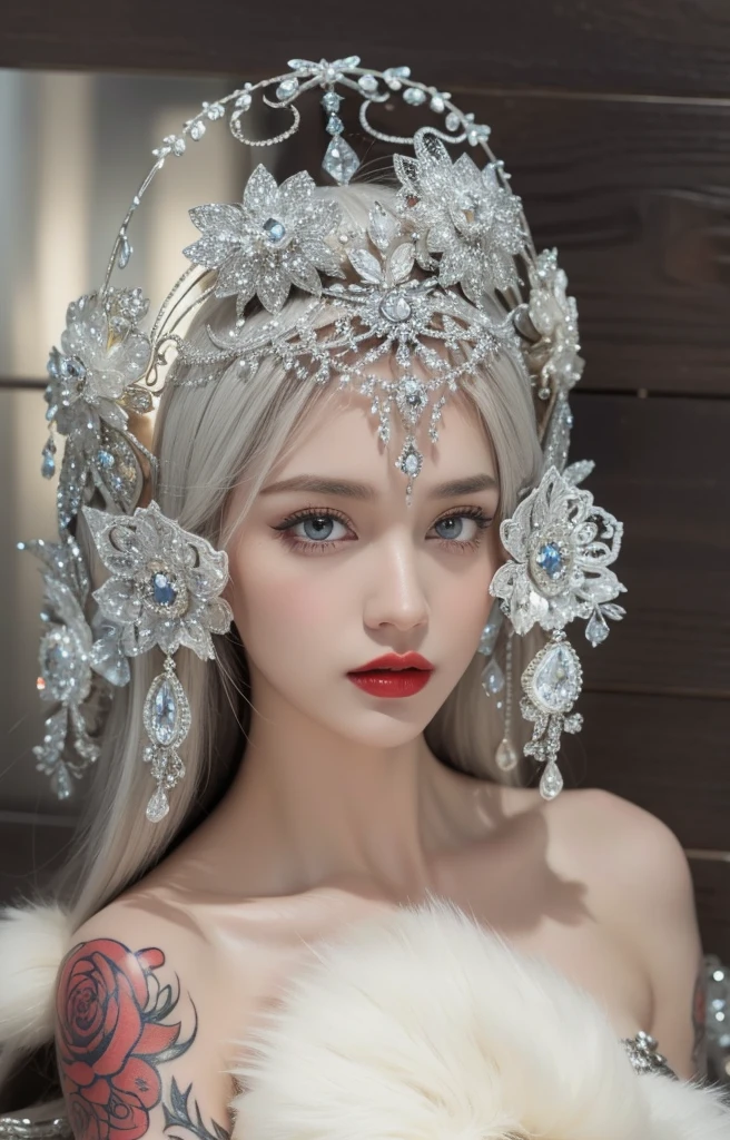 Royal princess,Super detailed, Delicate face, Stock Photography , Portrait 400, F1 Camera Lens.6, Colorful, Surrealism, Realistic textures, Dramatic Lighting, Thin Film Distiller 800 (8K, original photo, Better quality, masterpiece: 1.2), Super detailed, (Extremely delicate skin: 1.2), 8K 超高清, SLR camera, Soft Light, high quality.Fire Queen,Blue pupils,Apply red lipstick,Have a tattoo,The tattoo is very three-dimensional,Gorgeous and intricate tattoo designs,8K Mugshot,Large Breasts,Dark eyeshadow,Sexy thick lips(Red lipstick),Ice Princess,The facial features are very three-dimensional,Gorgeous and exquisite crystal diamond lace wedding dress,Silver armor,Exquisite and ornate silver decoration