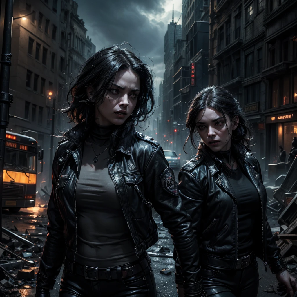 a dark female vampire policewoman, arresting an undead thief, on a semi-destroyed city street, rubble with skulls and bus wreckage, detailed facial features, realistic, cinematic lighting, highly detailed, gritty, dystopian, moody, dramatic, chiaroscuro lighting, imposing architecture, urban decay, (best quality,4k,8k,highres,masterpiece:1.2),ultra-detailed,(realistic,photorealistic,photo-realistic:1.37),cinematic composition,dramatic lighting,dark fantasy,moody atmosphere,urban ruin,1girl,1male,police uniform,fangs,glowing red eyes,dramatic pose,intense expression,dark cityscape,destroyed buildings,debris,skulls,bus wreckage