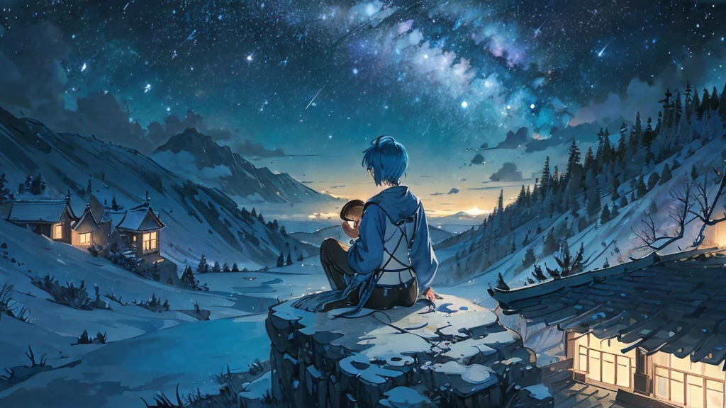Blue little budgerigar。Late Night。Under the stars。On a hill far away、A small person is playing an acoustic guitar alone with his back to me。