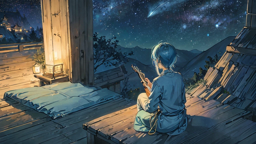 Blue little budgerigar。Late Night。Under the stars。On a hill far away、A small person is playing an acoustic guitar alone with his back to me。