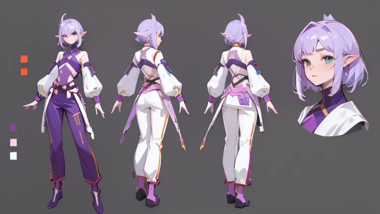 (Masterpiece, best quality), detailed, 1 woman, ((character concept art)), ((character design sheet, same character, front, side, back)), full body, body complete, 1 female, 1 women. Detailed face, character design sheet,full body, Highly detailed, character sheet, character design, Many parts, pale skin, elf ears, green eyes, short purple hair, lavender flower reference, male clothes, flat chest, Solarpunk, Solarpunk aesthetic, Solarpunk reference, Solarpunk based outfit, pants.