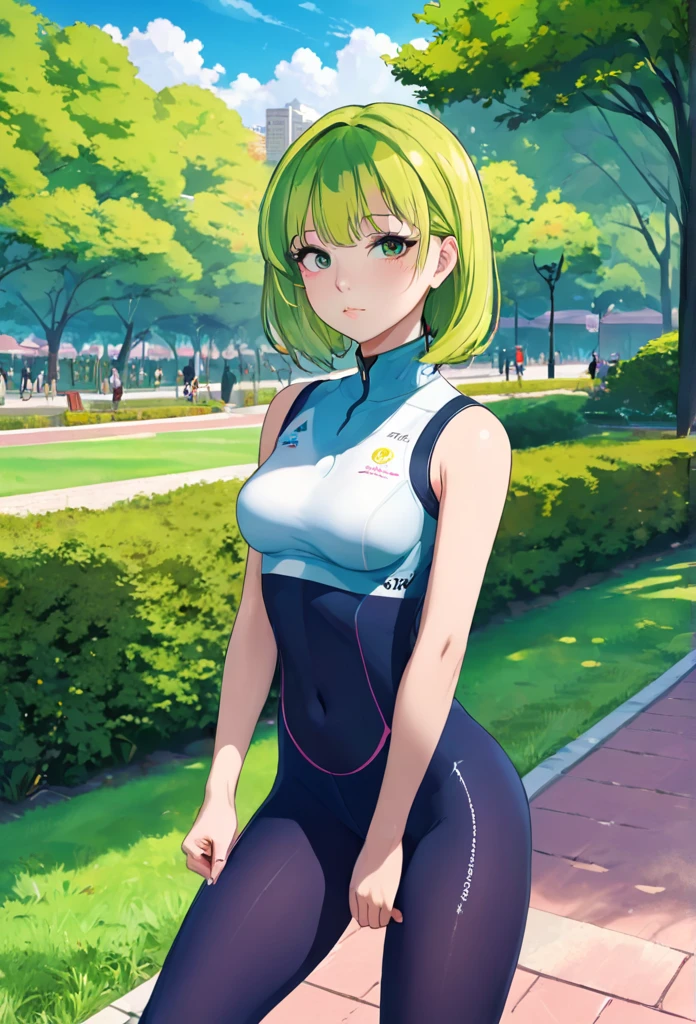 masterpiece、Mastepiece、22 year old anime girl、Random hairstyle、Perfect proportions、Wear sports tights、The background is a park