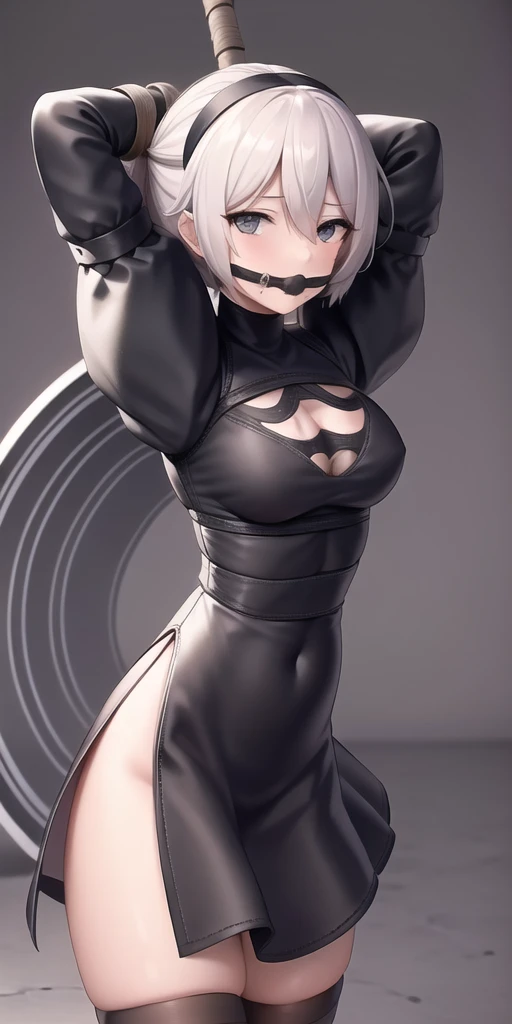 2b, arms behind head, long_hair, looking_at_viewer, thighhighs, bow, bound, bdsm, bondage, rope, restrained, gag, shibari, bound_arms, ball_gag, shibari_over_clothes 