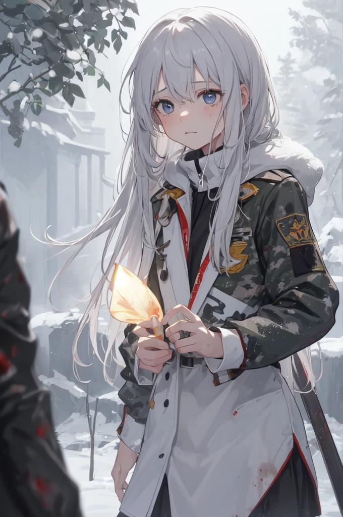 masterpiece:1.2), best quality , 独奏 ,pixiv, anime girl ,long straight white hair , black eyes ,Wearing off-white camouflage uniform ,ten years old,modern battlefield,(Eyes looking into the distance:1.3),(look away:1.5),snowy weather,dirty face,blood on forehead,dirty face,Backlight,Bare rocky peaks ,,The expression is sad,leave tears,When the war situation seems to be developing for the better,,A girl wakes up from her deep sleep,She doesn't understand her own life、Not sure about the power in the body,As pure as white paper。At the same time, another soul is sleeping inside the girl's body.,it was an accident,It is also one of the waves that changes the world。