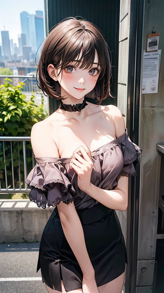 (masterpiece:1.2, top-quality), (realistic, photorealistic:1.4), beautiful illustration, (natural side lighting, movie lighting), nsfw,
looking at viewer, 1 girl, japanese, high school girl, perfect face, cute and symmetrical face, shiny skin,
(short hair:1.5, bob cut:1.6, brown hair), blunt bangs, hair between eyes, grey eyes, drooping eyes, slant eyes, long eye lasher, (),
beautiful hair, beautiful face, beautiful detailed eyes, beautiful clavicle, beautiful body, beautiful chest, beautiful thigh, beautiful legs, beautiful fingers,
((detailed cloth texture, wine-red ruffled clothes, off shoulder strapless, black mini skirt), black choker),
(beautiful scenery), evening, (park, cityscape in the distance), walking, (lovely smile, upper eyes),