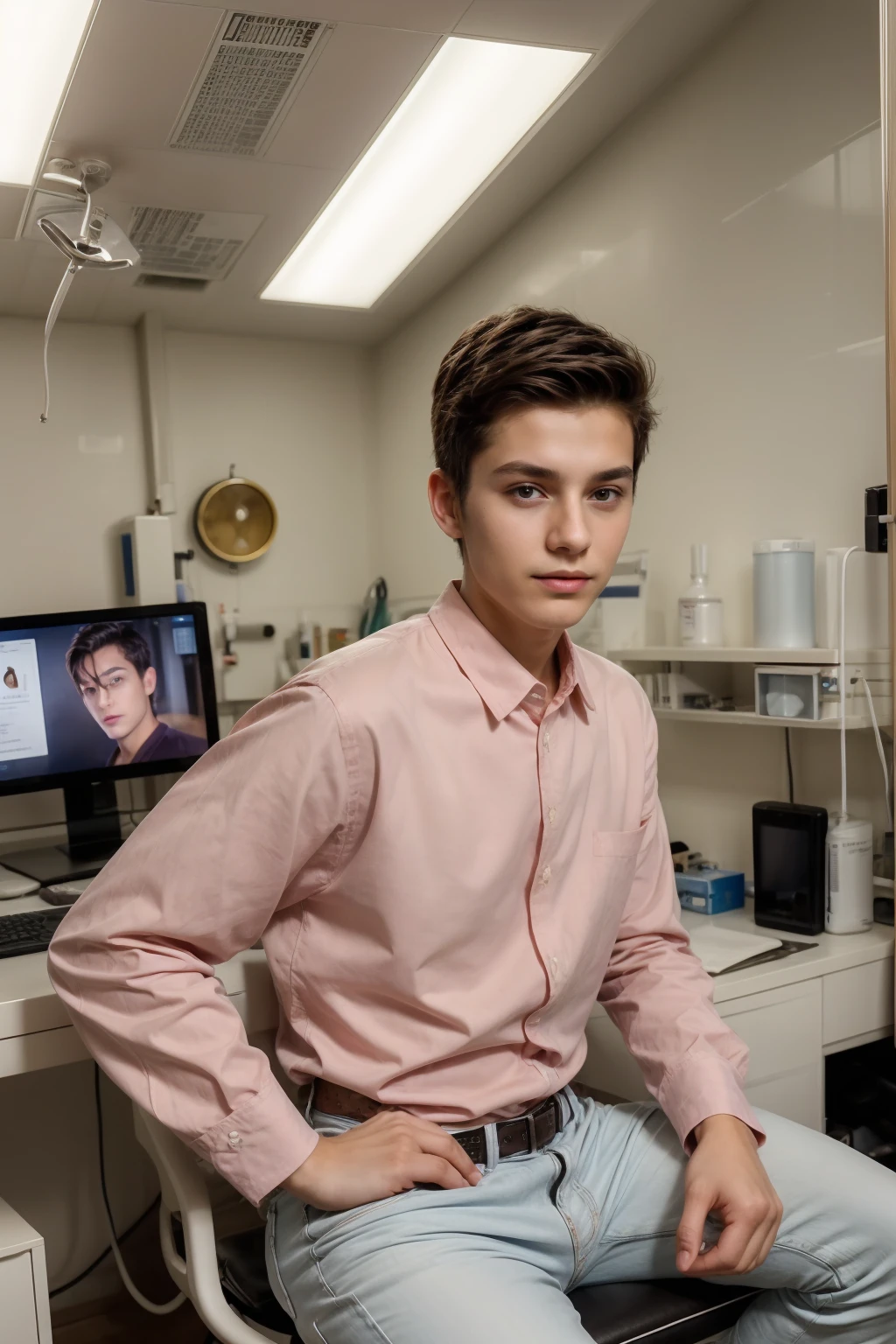 A beautiful young man, a cute male twink, with black hair, wearing a long-sleeved, white shirt and jeans. He is in the surgical operating room, and behind him are surgical medical instruments, devices, and medical smart screens inscribed with nerve cells, rings, etc., and he looks on proudly, with a face with reddish makeup. He is sitting at a luxurious desk