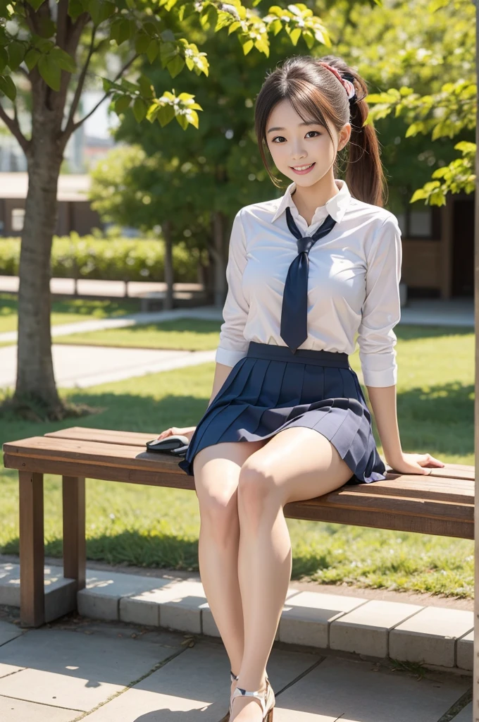 Pure Japanese school girl, sexual temptation, outstanding body, beautiful legs, ponytail, wearing uniform, panty, sweet smile, sitting on bench, refreshing in early summer park, composition from the front,