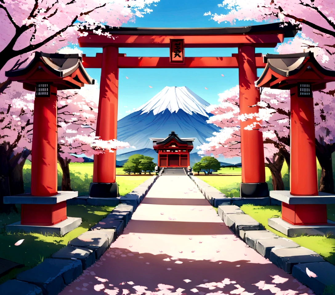 Traditional Japanese shrine entrance, (Cherry trees in full bloom:1.3), Mount Fuji in the background, Three people in cultural clothes, (Falling cherry blossoms:1.2), stone lamp, Bright red torii gate, (Serene atmosphere:1.1), soft shadow, calm sky, Detailed architecture, Quiet spring scene, greenery greenery, cultural landscape.
