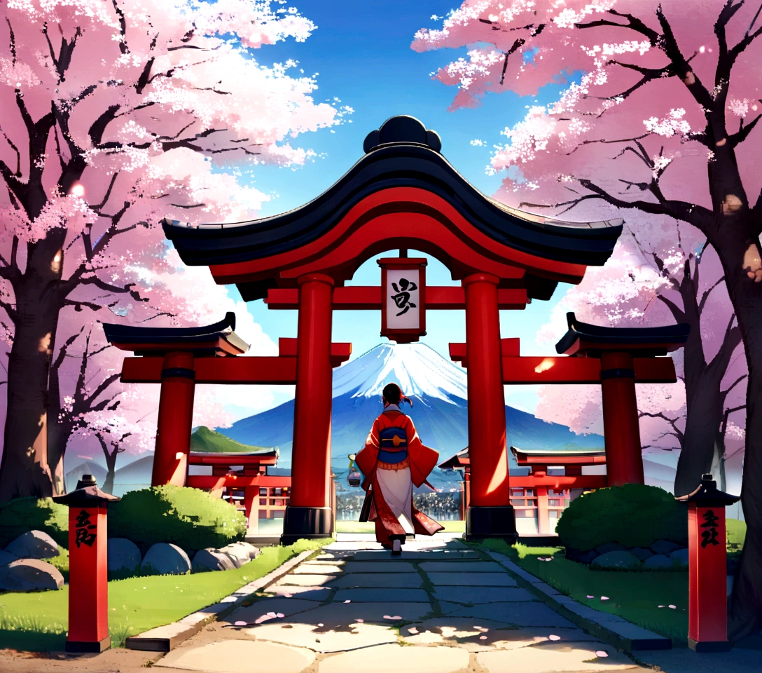 Traditional Japanese shrine entrance, (Cherry trees in full bloom:1.3), Mount Fuji in the background, Three people in cultural clothes, (Falling cherry blossoms:1.2), stone lamp, Bright red torii gate, (Serene atmosphere:1.1), soft shadow, calm sky, Detailed architecture, Quiet spring scene, greenery greenery, cultural landscape.