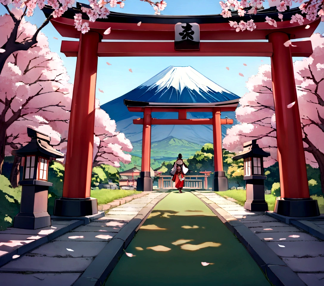 Traditional Japanese shrine entrance, (Cherry trees in full bloom:1.3), Mount Fuji in the background, Three people in cultural clothes, (Falling cherry blossoms:1.2), stone lamp, Bright red torii gate, (Serene atmosphere:1.1), soft shadow, calm sky, Detailed architecture, Quiet spring scene, greenery greenery, cultural landscape.
