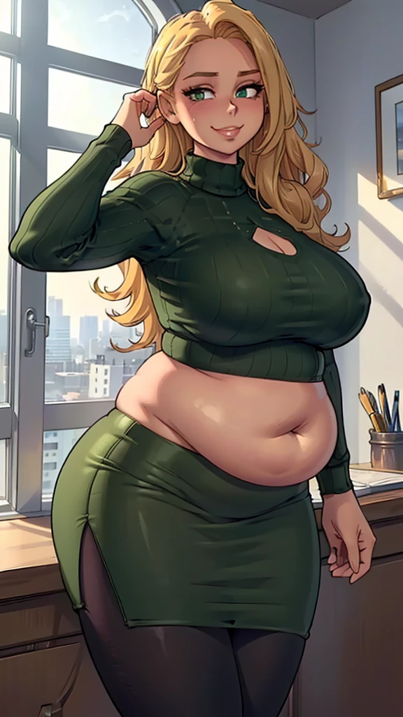 ((Masterpiece, best quality, perfect lighting, amazing shading)), perfect anatomy, field of depth, extremely beautiful, long blonde hair, hair, green eyes, green ribbed sweater, black pencil skirt, tights, cute smile, ((plump)), blushing, (cowboy shot), (elegant pose), office background with lots of windows, detailed background