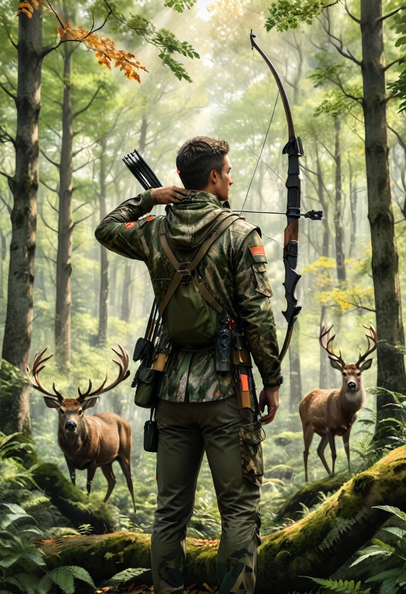 (Archer), A archer dressed in camouflage moves silently in the quiet depths of the forest, with the bowstring in his hand fully drawn, aiming at a deer in the distance. Surrounded by the rustling leaves and occasional bird calls, he showcases the hunting art of harmonious coexistence with nature. The background is dense forest and quiet environment, full body, (Photography), panoramic view, award-winning, cinematic still, emotional, vignette, dynamic, vivid, (masterpiece, best quality, Professional, perfect composition, very aesthetic, absurdres, ultra-detailed, intricate details:1.3)