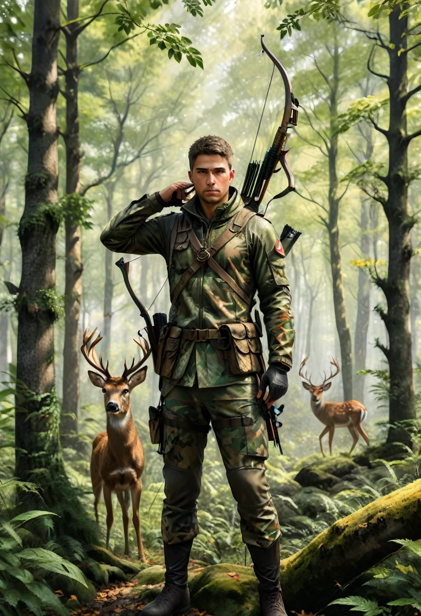 (Archer), A archer dressed in camouflage moves silently in the quiet depths of the forest, with the bowstring in his hand fully drawn, aiming at a deer in the distance. Surrounded by the rustling leaves and occasional bird calls, he showcases the hunting art of harmonious coexistence with nature. The background is dense forest and quiet environment, full body, (Photography), panoramic view, award-winning, cinematic still, emotional, vignette, dynamic, vivid, (masterpiece, best quality, Professional, perfect composition, very aesthetic, absurdres, ultra-detailed, intricate details:1.3)