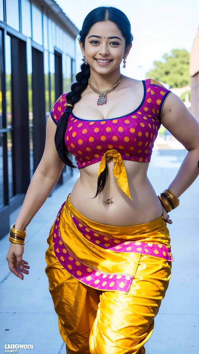 HD wallpaper 32k cinematic shoot of a Beautiful cute Rashmika Mandanna, with thick thighs and a curvy waist, twin braids, wearing an Indian blouse top, horny, seductively, in a school corridor, dotted blouse top, smiling, ((long curvy waist)), ((lowwaist)), ((curvy waist))