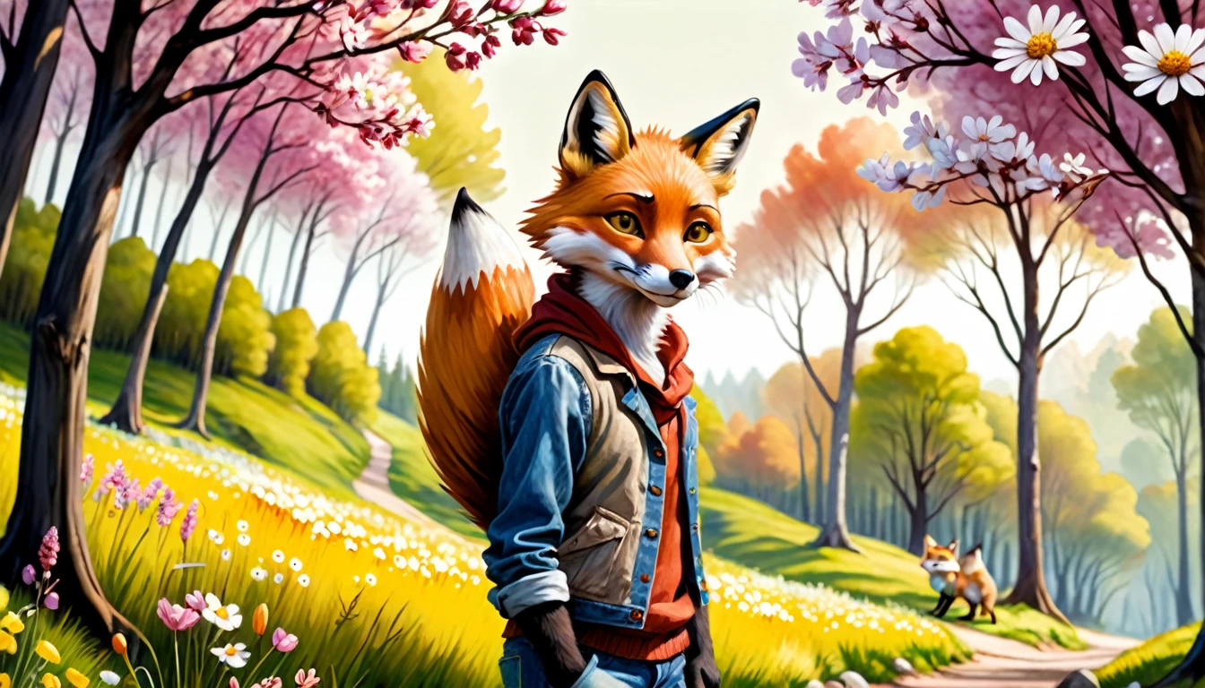(photo film style), anthropomorphic, cute fox, painting on easel, vibrant spring forest, flowers, wearing casual clothes, 2D, colorful, warm atmosphere, shiny, Jean-Baptiste Monge style, Alan Lee style