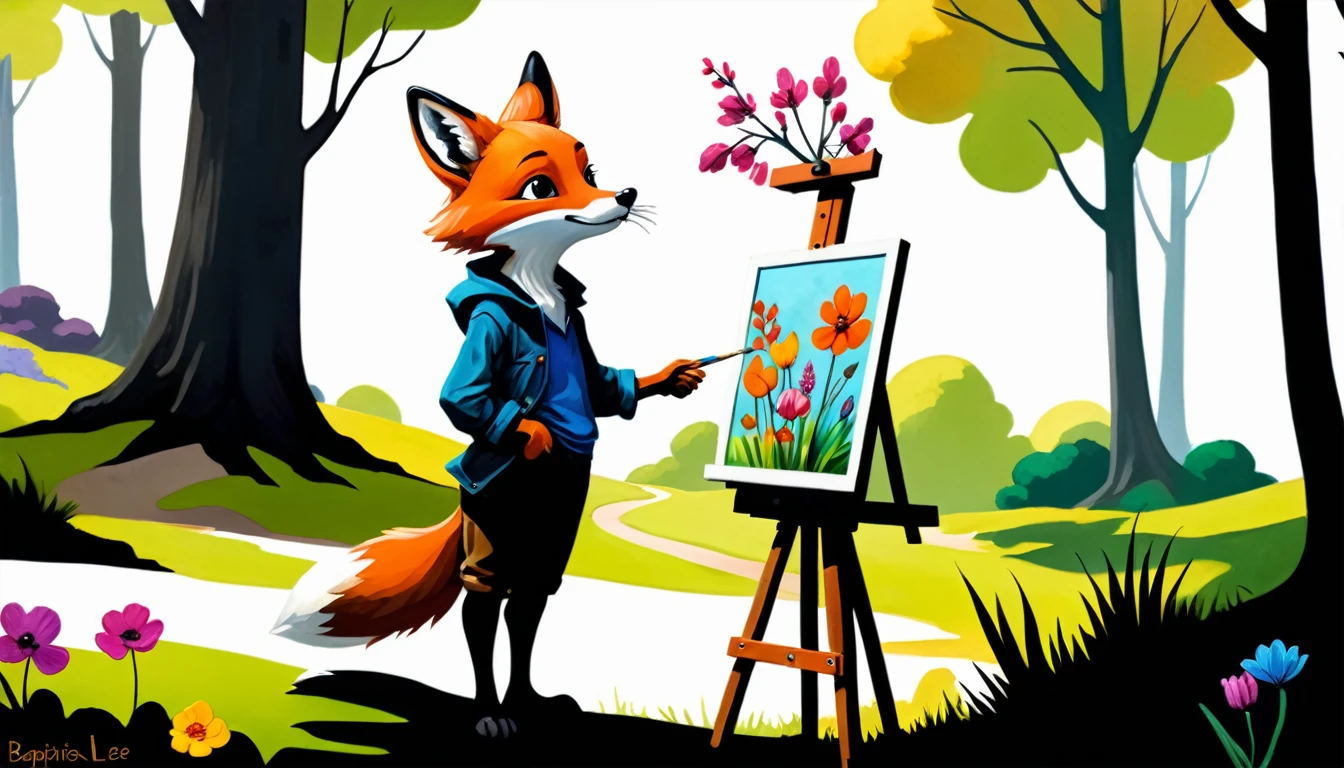 (photo film style), anthropomorphic, cute fox, painting on easel, vibrant spring forest, flowers, wearing casual clothes, 2D, colorful, warm atmosphere, shiny, Jean-Baptiste Monge style, Alan Lee style