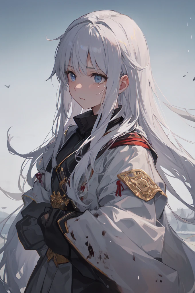 masterpiece:1.2), best quality , 独奏 ,pixiv, anime girl ,long straight white hair , black eyes ,Wearing off-white camouflage uniform ,ten years old,modern battlefield,(Eyes looking into the distance:1.3),(look away:1.5),snowy weather,dirty face,blood on forehead,dirty face,Backlight,Bare rocky peaks ,,The expression is sad,leave tears,When the war situation seems to be developing for the better,,A girl wakes up from her deep sleep,She doesn't understand her own life、Not sure about the power in the body,As pure as white paper。At the same time, another soul is sleeping inside the girl's body.,it was an accident,It is also one of the waves that changes the world。