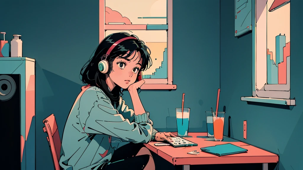 アニメ girl sitting on floor looking out window at city, アニメ aesthetic, アニメ vibes, lofi artstyle, Lo-fi portrait by the window, Watching the Sunset. アニメ, Lofty Girl, アニメ art wallpaper 4 k, アニメ art wallpaper 4k, アニメ art wallpaper 8 k, アニメ background art, Lofi Color, Lofi Art, アニメ asthetic,masterpiece, Highest quality, Rainbow Style, アニメ, Beautiful Asian Girl, Along the Hawaiian Coast, Cute and dreamy,アニメ,Illustrator,LOFI Girl, Blues,landscape,Sunset, night、Girl listening to music in a cozy room, Use headphones, 2D Style Anime, Rain outside the window、Analog Color Theme、Ghibli style,、Tokyo, modern