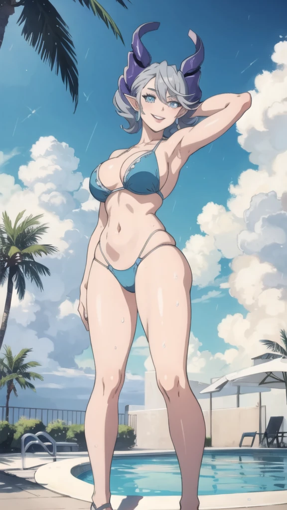 High level image quality best image quality 8K adult woman pool party rain palm trees more colors whole body view portrait bikini horn ears short hair((shortcut)(gray hair)(perm)(fluffy)) eye color is blue , , attractive evil face , smile , sexy pose , labrynth , arms behind head , barearm , legs split standing by the pool , wet hair , view foot arc