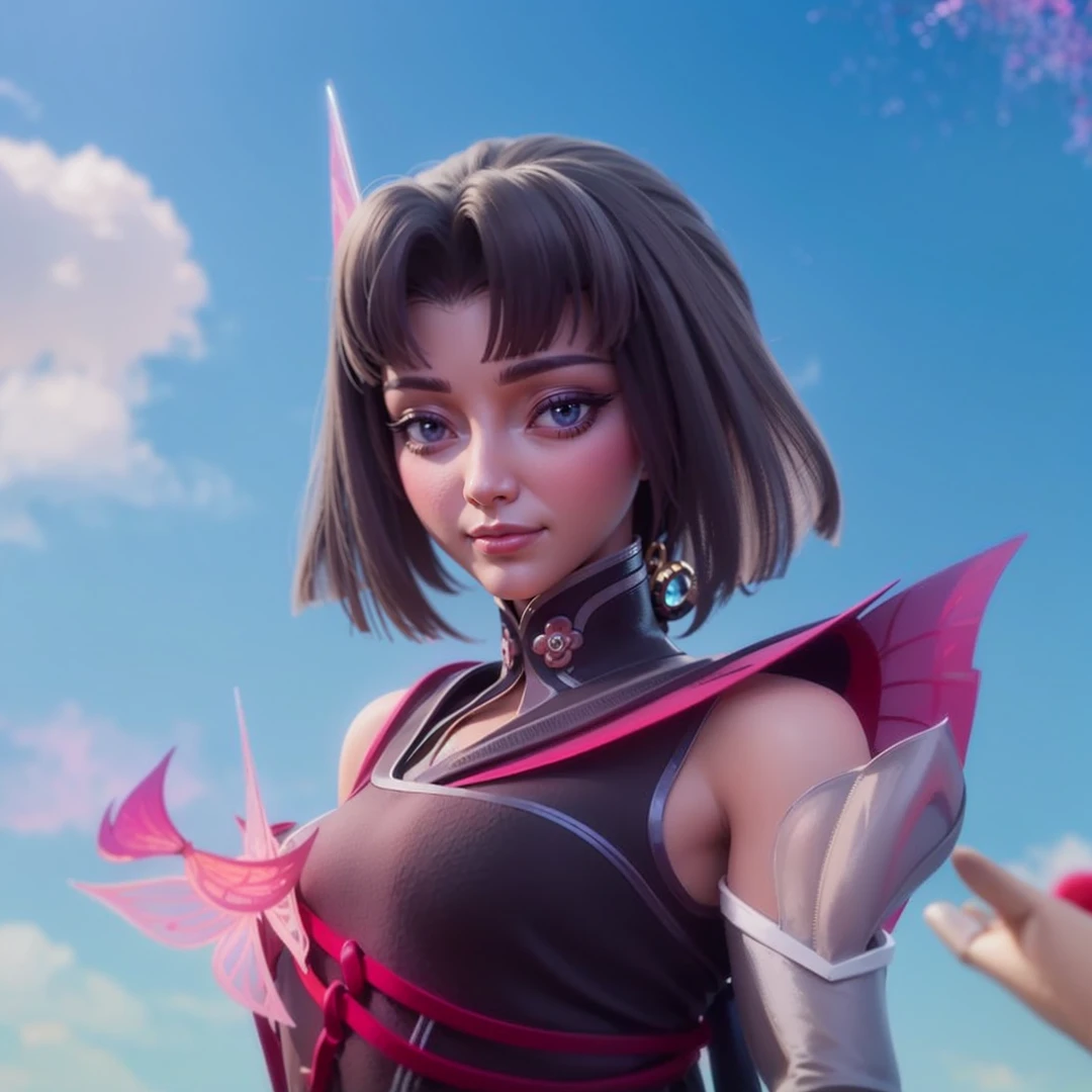 Masterpiece style 3D, beautiful girl, cool girl, (detailed face 8k) (detailed hair 8k) (detailed clothes 8k) smile, slanted eyes, blue cloak, black hair, 8K, HDR sharpen.
