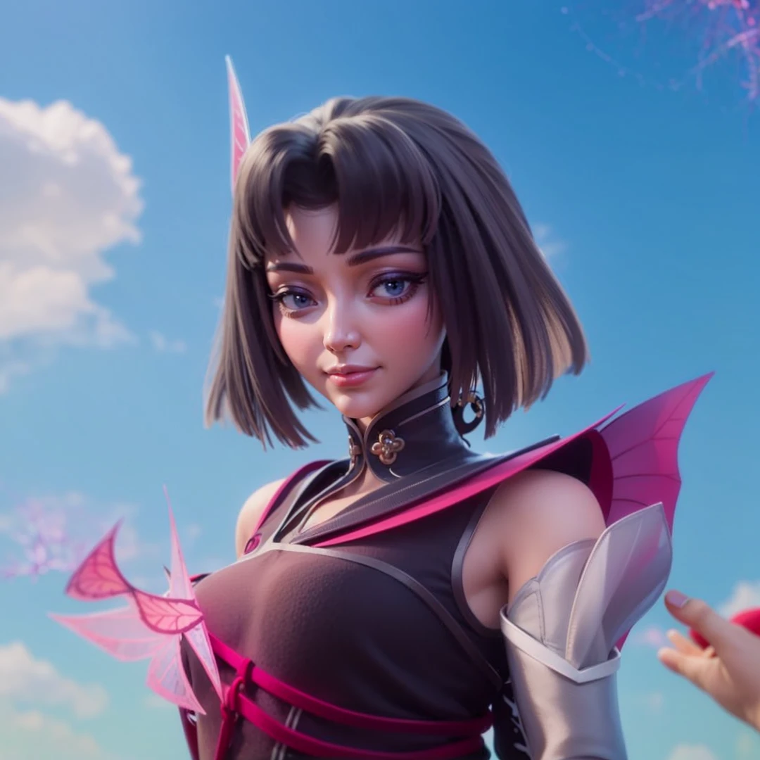 Masterpiece style 3D, beautiful girl, cool girl, (detailed face 8k) (detailed hair 8k) (detailed clothes 8k) smile, slanted eyes, blue cloak, black hair, 8K, HDR sharpen.