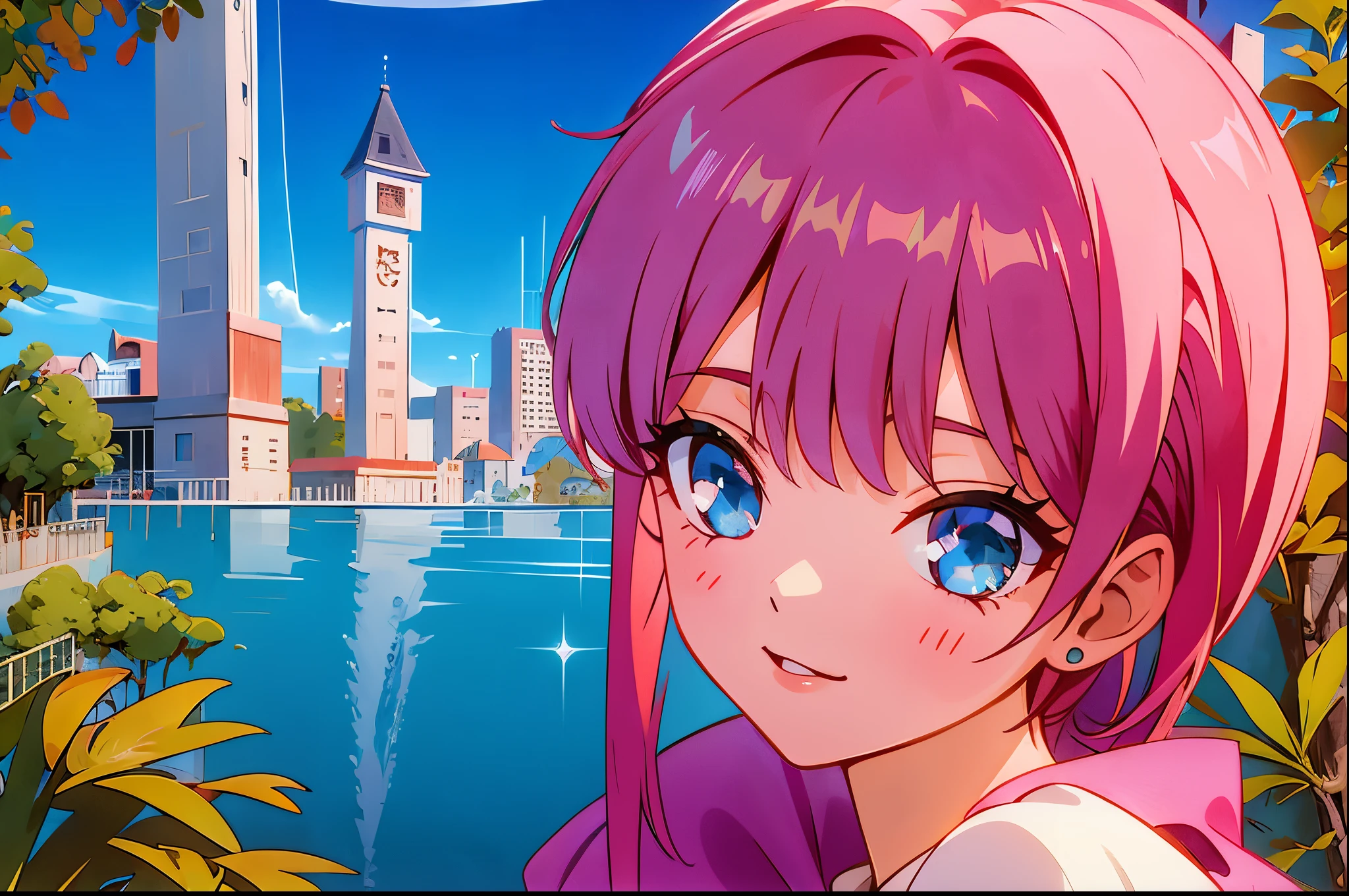 Scenery, light blue sky, 1girl, ichika sitting in the waterfalls, cloud, sitting on rocks in the middle of the waterfall, magical photography, ultra-detailed, 4k, Depth of field, High-resolution, outdoors, starry night sky, starts made of iridescent tears, pastel aesthetic colors, sfw, nakano_ichika, aaichika, Nakano ichika sitting in the waterfall, short silky pink hair, masterpiece, 4k, ultradetailed, cowboy shot, nakano ichika, blue eyes, sparkling eyes, green bowtie, veiled pretty iridescent dress, minimal dress, attractive confident smile, happy, cute, Official art、Beautifully Aesthetic:1.2)、(a beauty girl:1.3)、vivid colours、colourful, Soft Light, Deep Focus Bokeh, fantasy, galaxy, sparkling, splendid, colorful, dramatic lighting, intricate details, (1 girl, solo, alone), intricate details, sfw, nakano_ichika, sparkling eyes, laughing happily, crystal, fantasy, shimmering, sparkling, splendid, colorful, bright colours. fix her hands