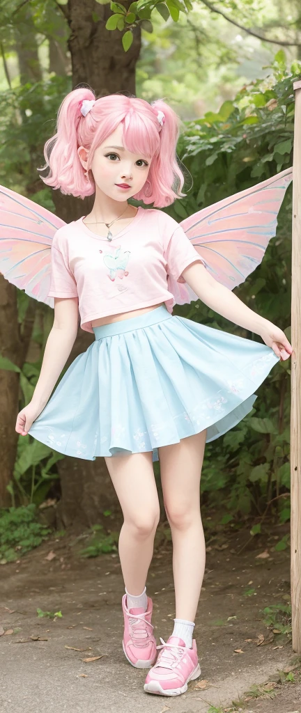 A fairy with pink hair, pink wings, light blue blouse and pink skirt and blue sneakers with white ,in a toy village 