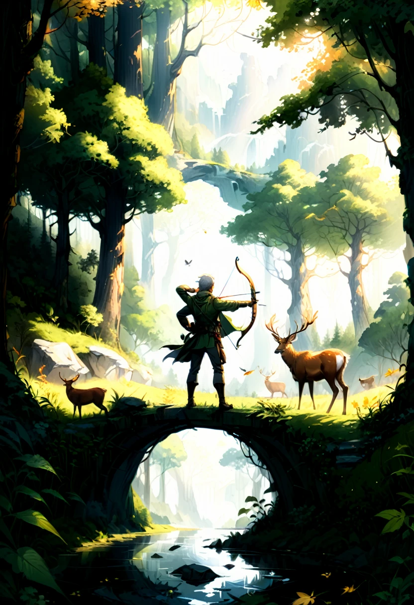 (Archer, bow and arrow), A archer dressed in camouflage moves silently in the quiet depths of the forest, with the bowstring in his hand fully drawn, aiming at a deer in the distance. Surrounded by the rustling leaves and occasional bird calls, he showcases the hunting art of harmonious coexistence with nature. The background is dense forest and quiet environment, full body, (Photography), panoramic view, award-winning, cinematic still, emotional, vignette, dynamic, vivid, (masterpiece, best quality, Professional, perfect composition, very aesthetic, absurdres, ultra-detailed, intricate details:1.3)