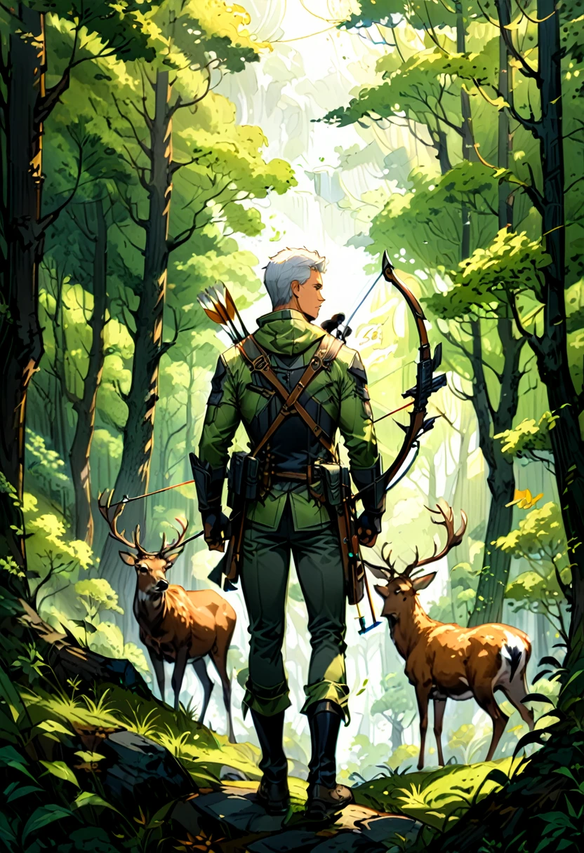 (Archer, bow and arrow), A archer dressed in camouflage moves silently in the quiet depths of the forest, with the bowstring in his hand fully drawn, aiming at a deer in the distance. Surrounded by the rustling leaves and occasional bird calls, he showcases the hunting art of harmonious coexistence with nature. The background is dense forest and quiet environment, full body, (Photography), panoramic view, award-winning, cinematic still, emotional, vignette, dynamic, vivid, (masterpiece, best quality, Professional, perfect composition, very aesthetic, absurdres, ultra-detailed, intricate details:1.3)