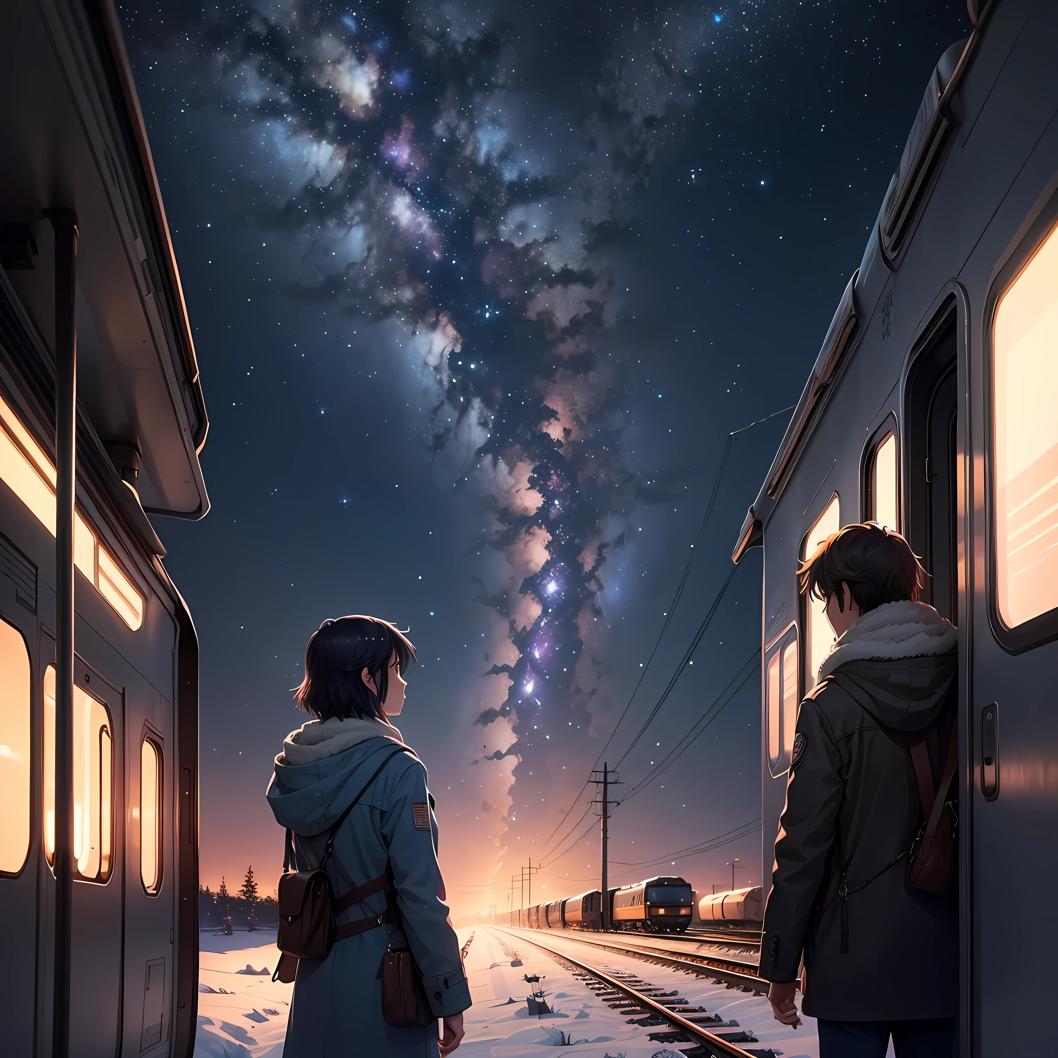 In a tranquil winter night, under the ethereal glow of a cosmic sky, a train glides gracefully along snow-covered tracks. The scene unfolds with Makoto Shinkai's signature magic realism, where the train itself seems alive with a quiet, mysterious energy. The landscape is painted in shades of deep blues and purples, reminiscent of a galaxy painted across the heavens. There are no humans in sight, only the silent companionship between the train and the vast, starlit sky. This evokes the essence of Makoto Shinkai's renowned anime backgrounds, capturing a moment of serene beauty and cosmic wonder.