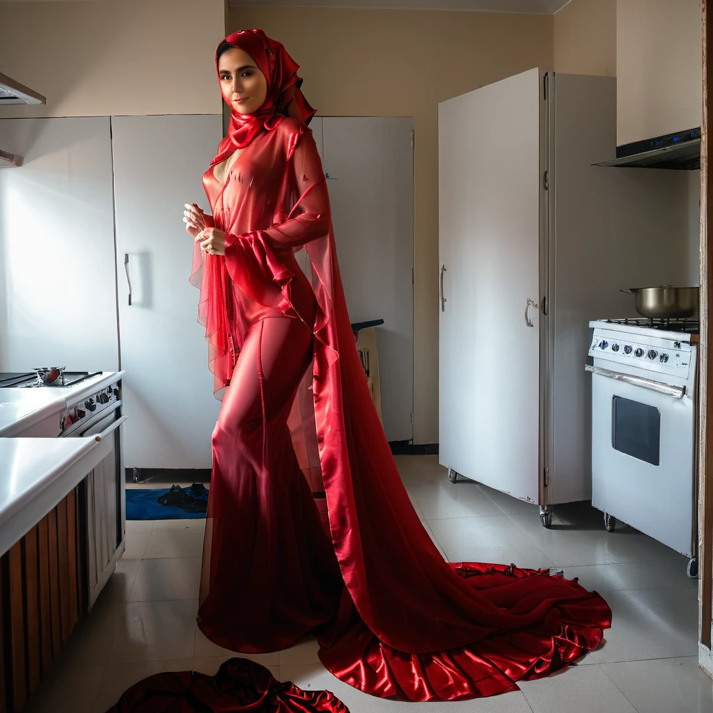 a woman in the translucent silk red gown, tight full body tied, satin sheet, nipple on with nipple piercing, wearing translucent veils, satin hijab, full body, long satin,mermaid tight long gown, flowy dramatic long gown, tall women, cleaning room, brom , strugle to walk, wear high heels, in the kitchen, masterpice