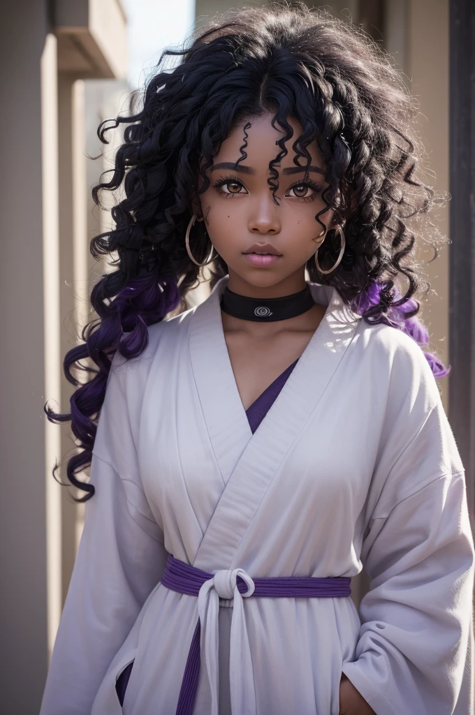 A girl with black skin, big white curly hair, little lines on the cheek like those of Naruto Uzumaki, purple white eyes, and DRAW her with the features from the anime Naruto.