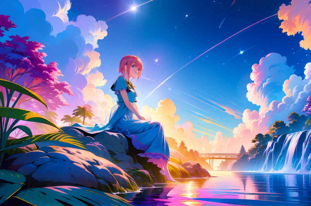 Scenery, light blue sky, 1girl, ichika sitting in the waterfalls, cloud, sitting on rocks in the middle of the waterfall, magical photography, ultra-detailed, 4k, Depth of field, High-resolution, outdoors, starry night sky, starts made of iridescent tears, pastel aesthetic colors, sfw, nakano_ichika, aaichika, Nakano ichika sitting in the waterfall, short silky pink hair, masterpiece, 4k, ultradetailed, cowboy shot, nakano ichika, blue eyes, sparkling eyes, green bowtie, veiled pretty iridescent dress, minimal dress, attractive confident smile, happy, cute, Official art、Beautifully Aesthetic:1.2)、(a beauty girl:1.3)、vivid colours、colourful, Soft Light, Deep Focus Bokeh, fantasy, galaxy, sparkling, splendid, colorful, dramatic lighting, intricate details, (1 girl, solo, alone), intricate details, sfw, nakano_ichika, sparkling eyes, laughing happily, crystal, fantasy, shimmering, sparkling, splendid, colorful, bright colours. fix her hands