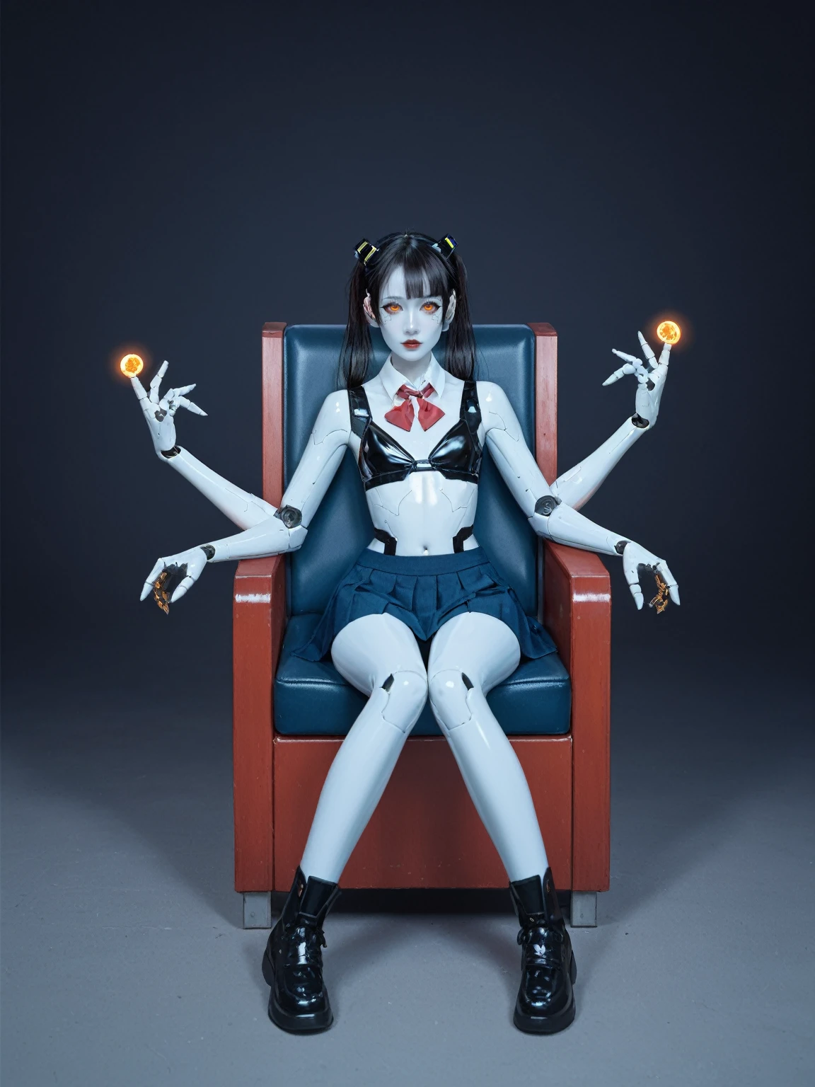 score_9, score_8_up, score_7_up, BREAK,
1girl, photography of a cute girl, 18yo, (4 arms, robot arms:1.2), red lips, (white skin:1.5), (cyberpunk, scifi, futuristic:1.2), glowing orange eyes, black hair, twintails, small breasts, narrow hips, fully clothed, (school uniform:1.2), boots, shiny skin, full body, sitting in a chair, studying, reading several books at the same time, at school, reelmech, mechanical parts, machinery, joints