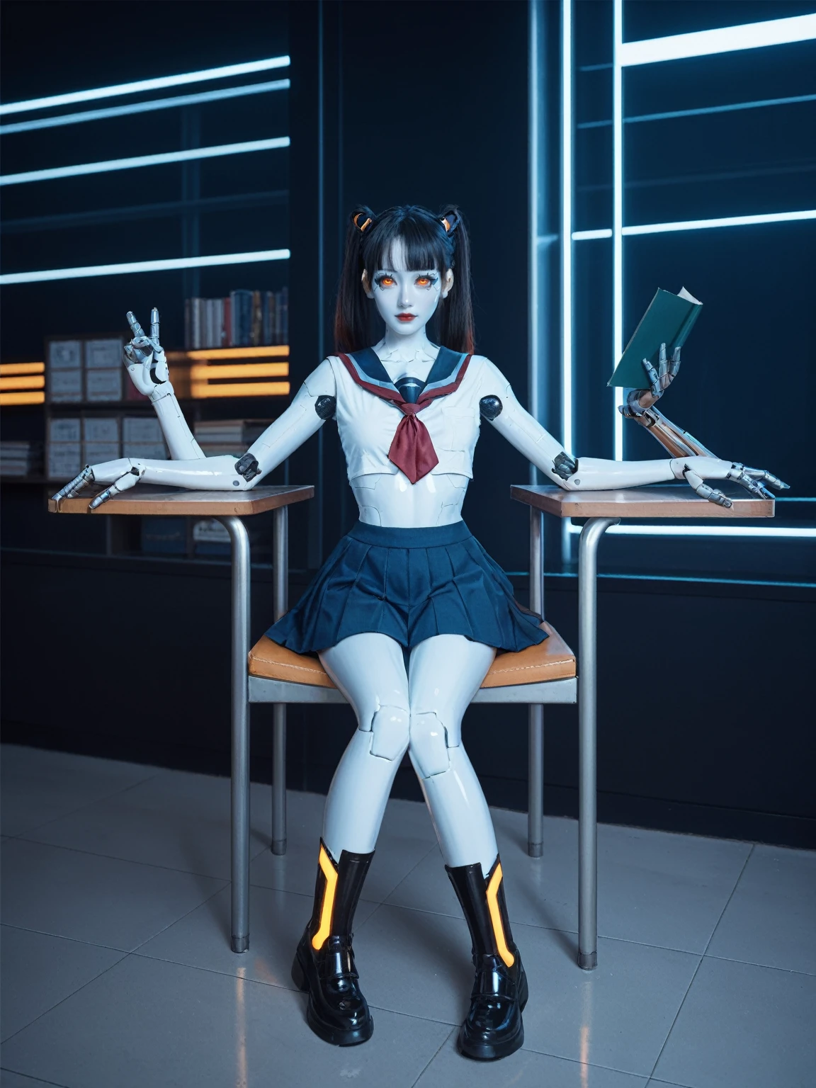 score_9, score_8_up, score_7_up, BREAK,
1girl, photography of a cute girl, 18yo, (4 arms, robot arms:1.2), red lips, (white skin:1.5), (cyberpunk, scifi, futuristic:1.2), glowing orange eyes, black hair, twintails, small , narrow hips, fully clothed, (school uniform:1.2), boots, shiny skin, full body, sitting in a chair, studying, reading several books at the same time, at school, reelmech, mechanical parts, machinery, joints