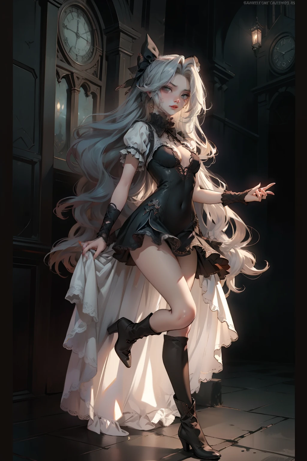 ((best quality)), ((masterpiece)), (detailed), very skinny, prominent collarbones, skinny arms, flat stomach, visible hip bones, red and white clothing, Bloodborne inspired, occult aesthetic, occult, detailed and intricate steampunk and detailed gothic, NSFW, Very dramatic and cinematic lighting, cosmic horror, grim-dark, side-lighting, perfect face, NSFW, Fluttering lace flared long knee length dress with frilly petticoats, knee length dress, pleated petticoats, ta dress, petticoats gothic lolicomplex lace boots, side-lighting, gothic lolita aetic, wielding a mighty sword with mechanical components, carbine, NSFW, beautiful small breasts, small breasts, full body, whole body, body, NSFW, full body, whole body, head-to-toe NSFW