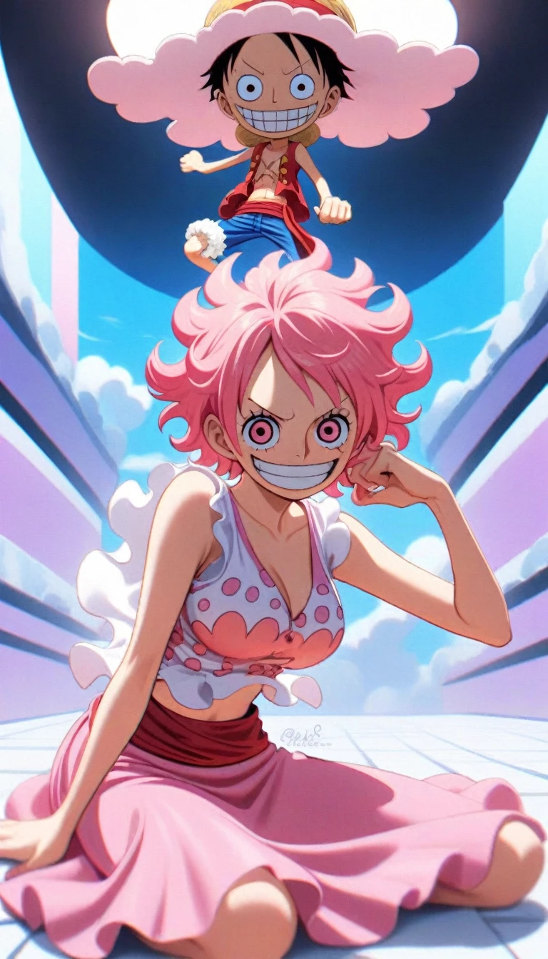 1girl, Monkey D. Luffy, One Piece, Pink hair, pink eyes, white and pink mix, pink long skirt, shes on a seiza pose, an empty and chill room