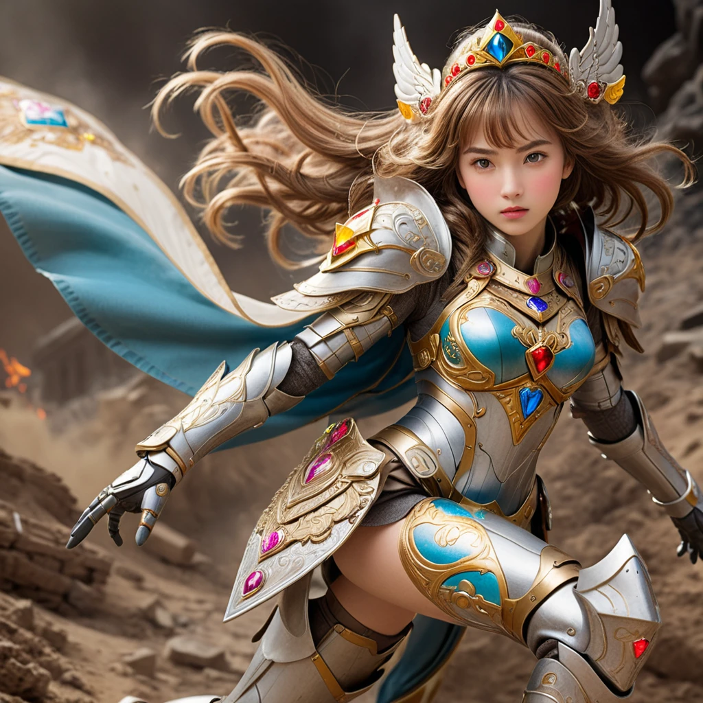 dynamic angle, (action pose), a ultra detailed beautiful photograph, Princess in a Powered Suit is of a princess donning an advanced powered suit, dashing through a desolate battlefield. Her suit is adorned with vibrant colors and ancient emblems are etched into it. Her eyes burn with determination to overcome adversity, and in her hand, she holds a powerful weapon to defeat her enemies.