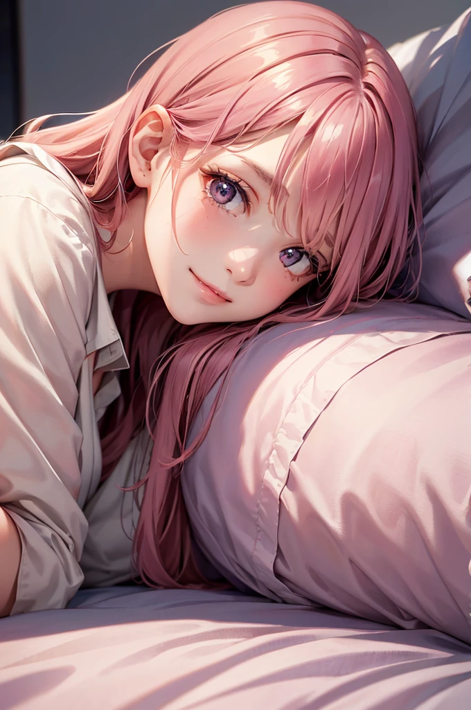 (Best Quality,High resolution,8K,finelity detailed background,Masterpiece:1.2),beautiful girl,Shiny pink hair,messy hair,Pink eyes,Gentle look,A refreshing look,Best quality,Best Quality,Aesthetic and aesthetic:1.2,Best details((Super detailed))(High-definition CG illustrations),cuteパジャマ,Slender body,night,Moonlight,Bedroom,On the bed,smile,blush,cute,Scrounge,Looking up,Being spoiled,super model,wariza,shoot from below